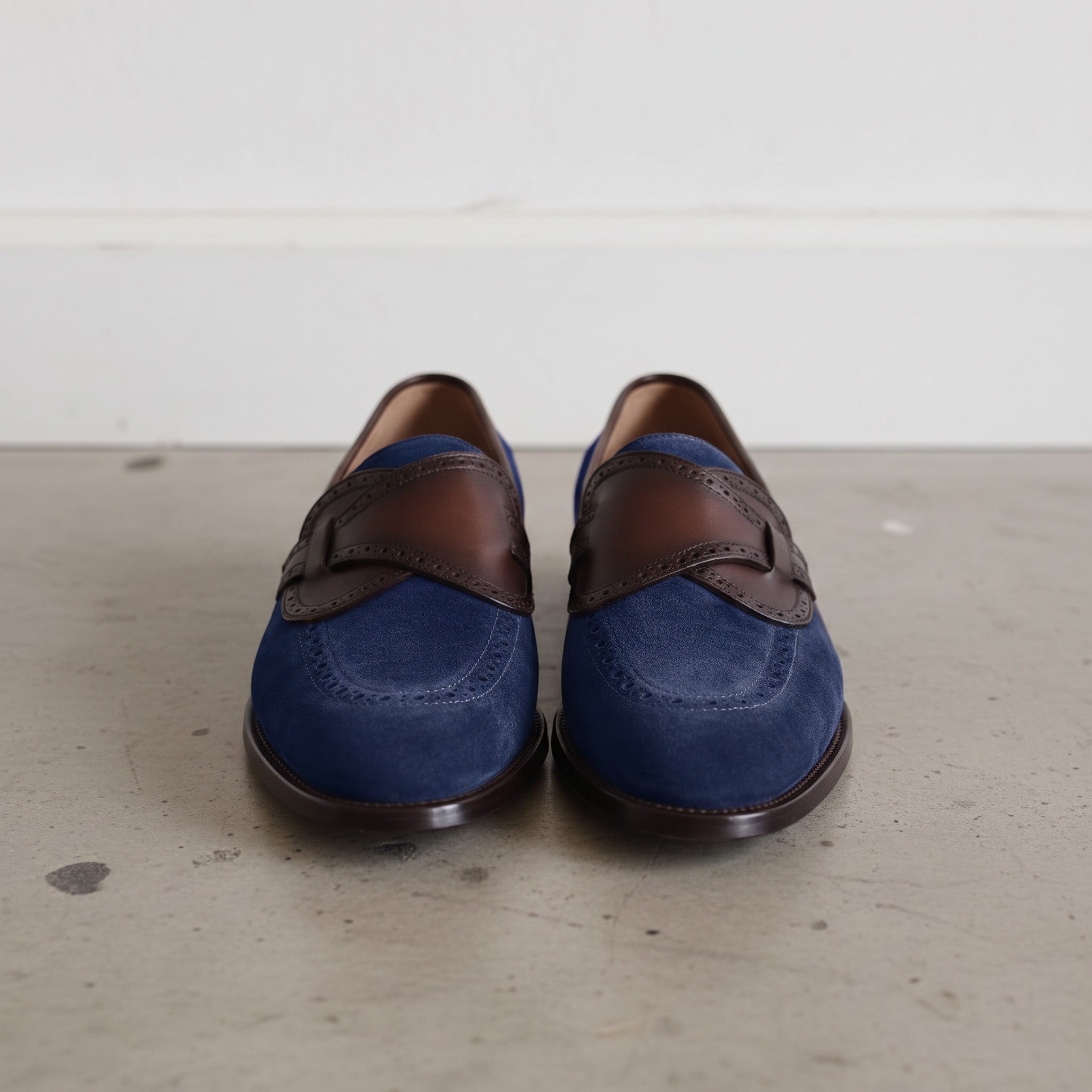 Men's Blue and Brown Apron-Toe Suede Loafers — Carron