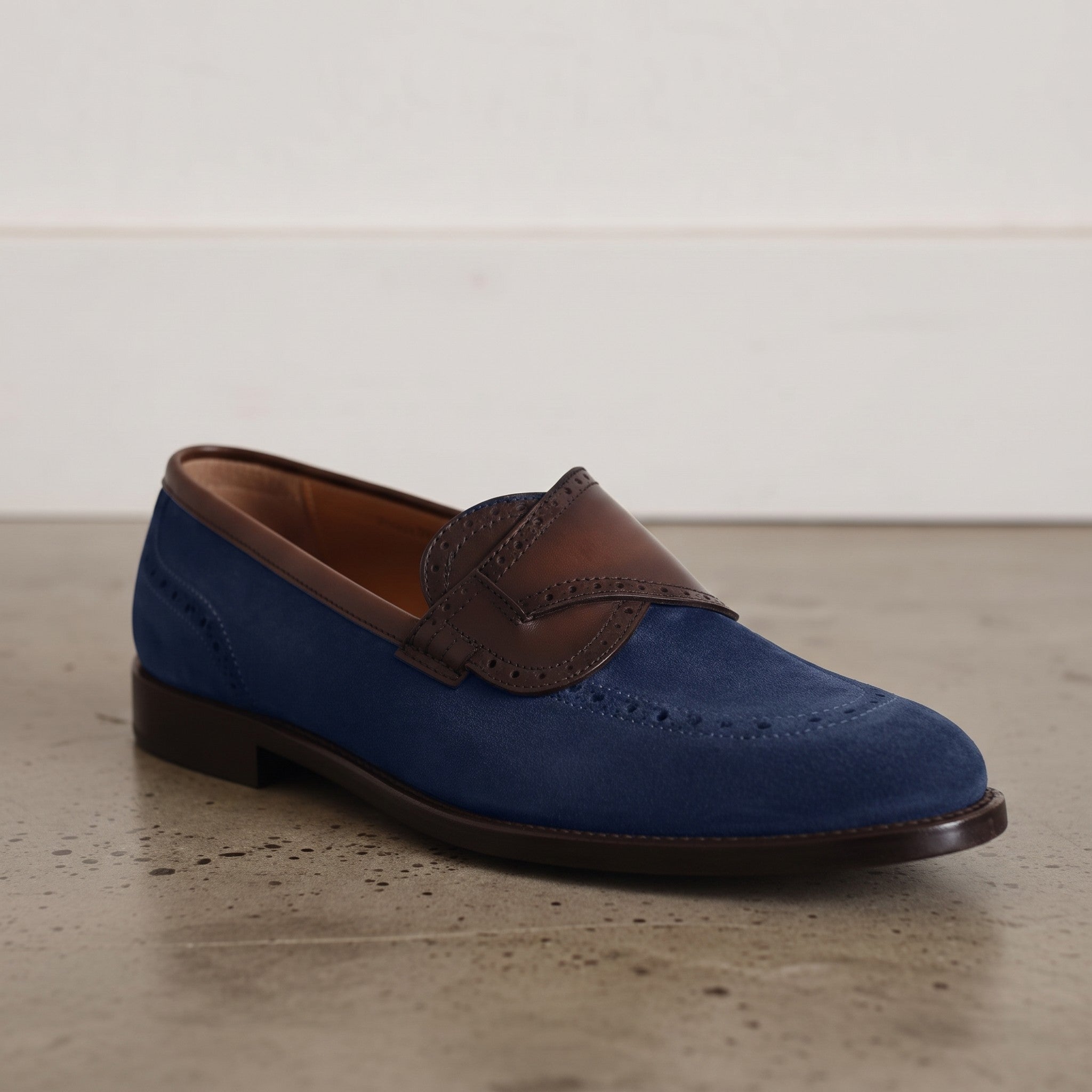 Men's Blue and Brown Apron-Toe Suede Loafers — Carron