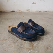 Navy Blue Suede Apron-Toe Loafer Mules — Brentley