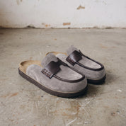 Light Gray Suede Apron-Toe Loafer Mules — Brentley