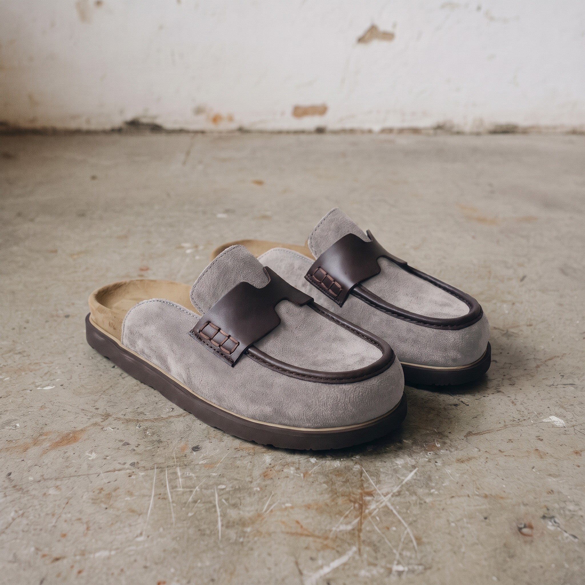 Light Gray Suede Apron-Toe Loafer Mules — Brentley