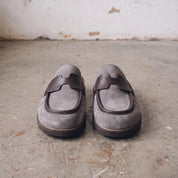 Light Gray Suede Apron-Toe Loafer Mules — Brentley