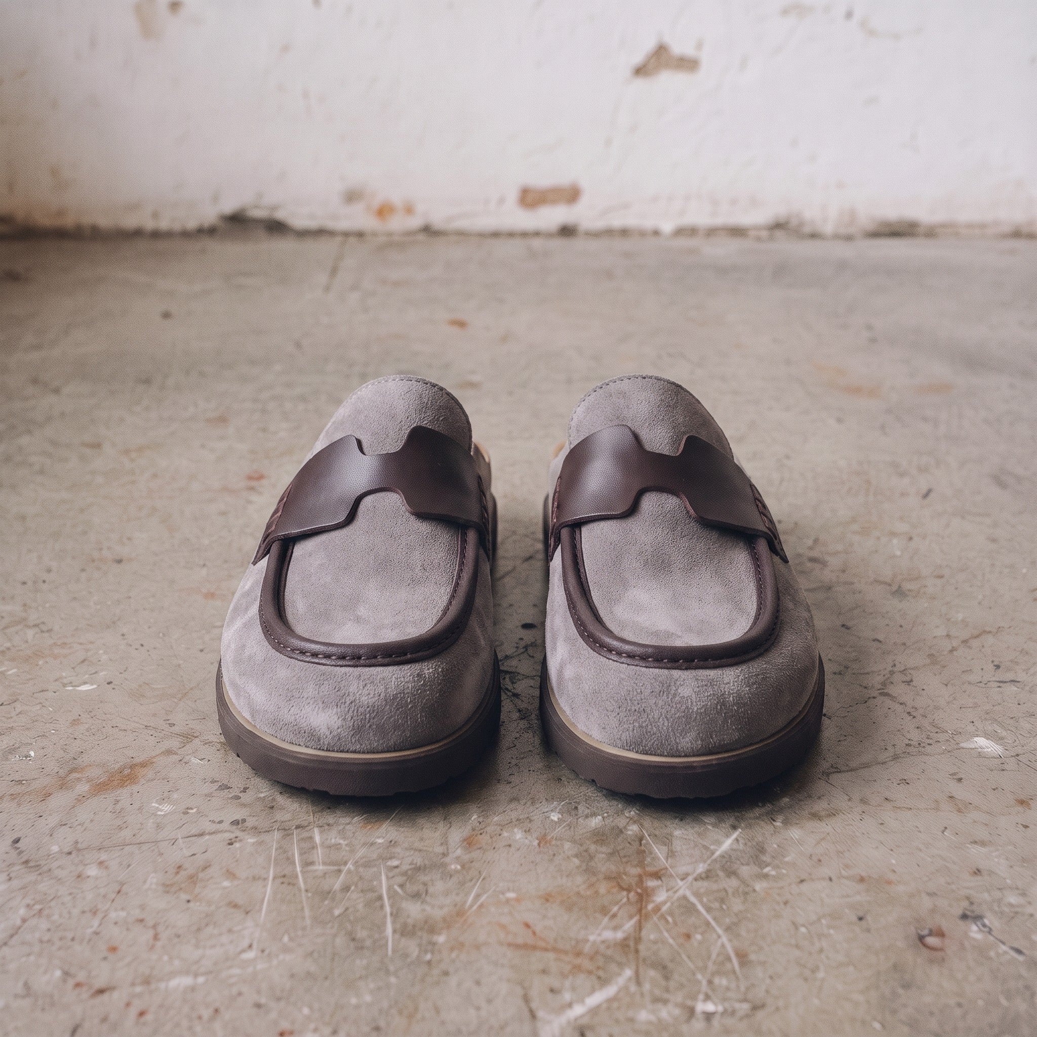Light Gray Suede Apron-Toe Loafer Mules — Brentley