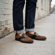Men's Grey and Brown Crocodile-Embossed Suede Apron-Toe Penny Loafers — Crompton — Crompton