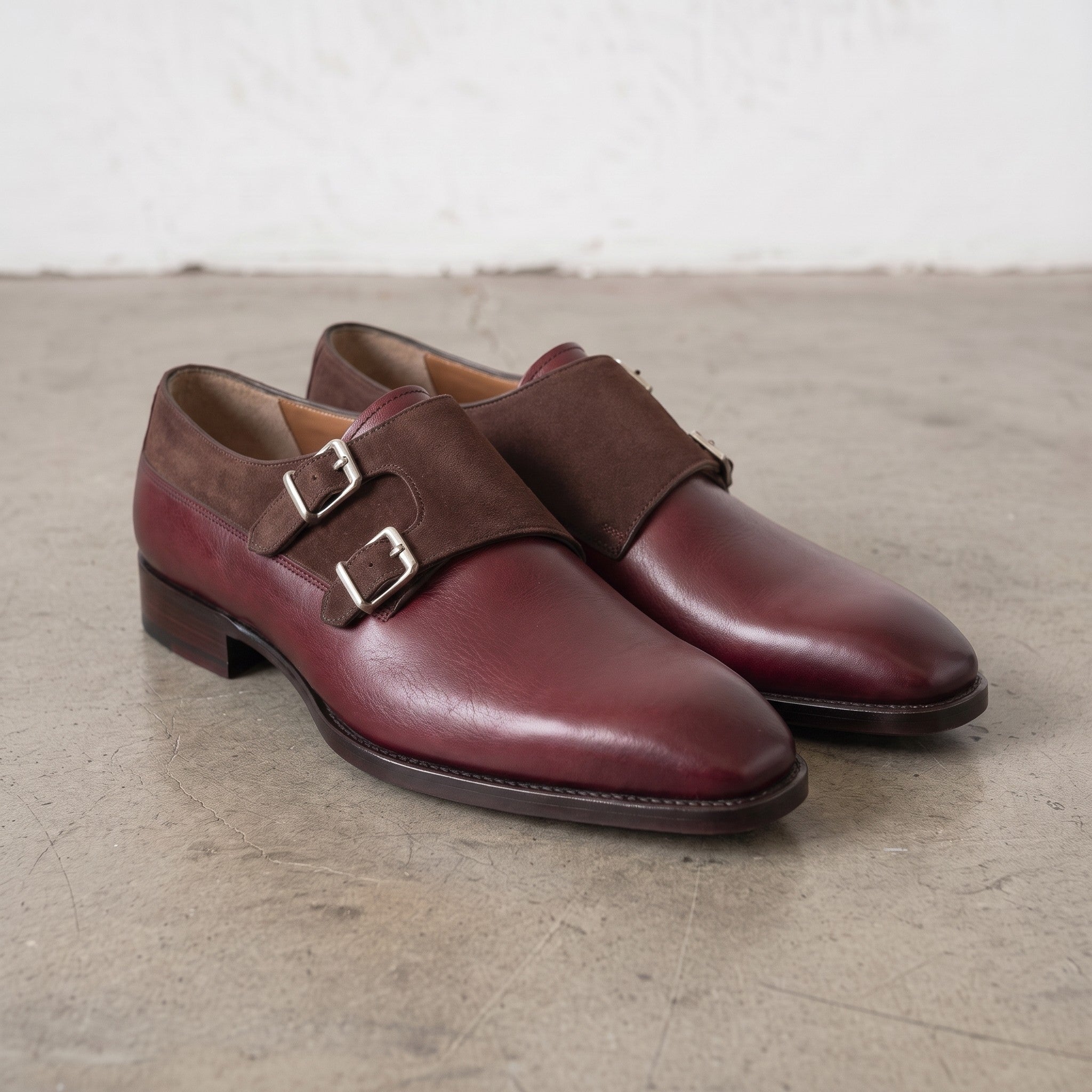 Men's Burgundy and Brown Leather Double Monk Strap Shoes — Farrant