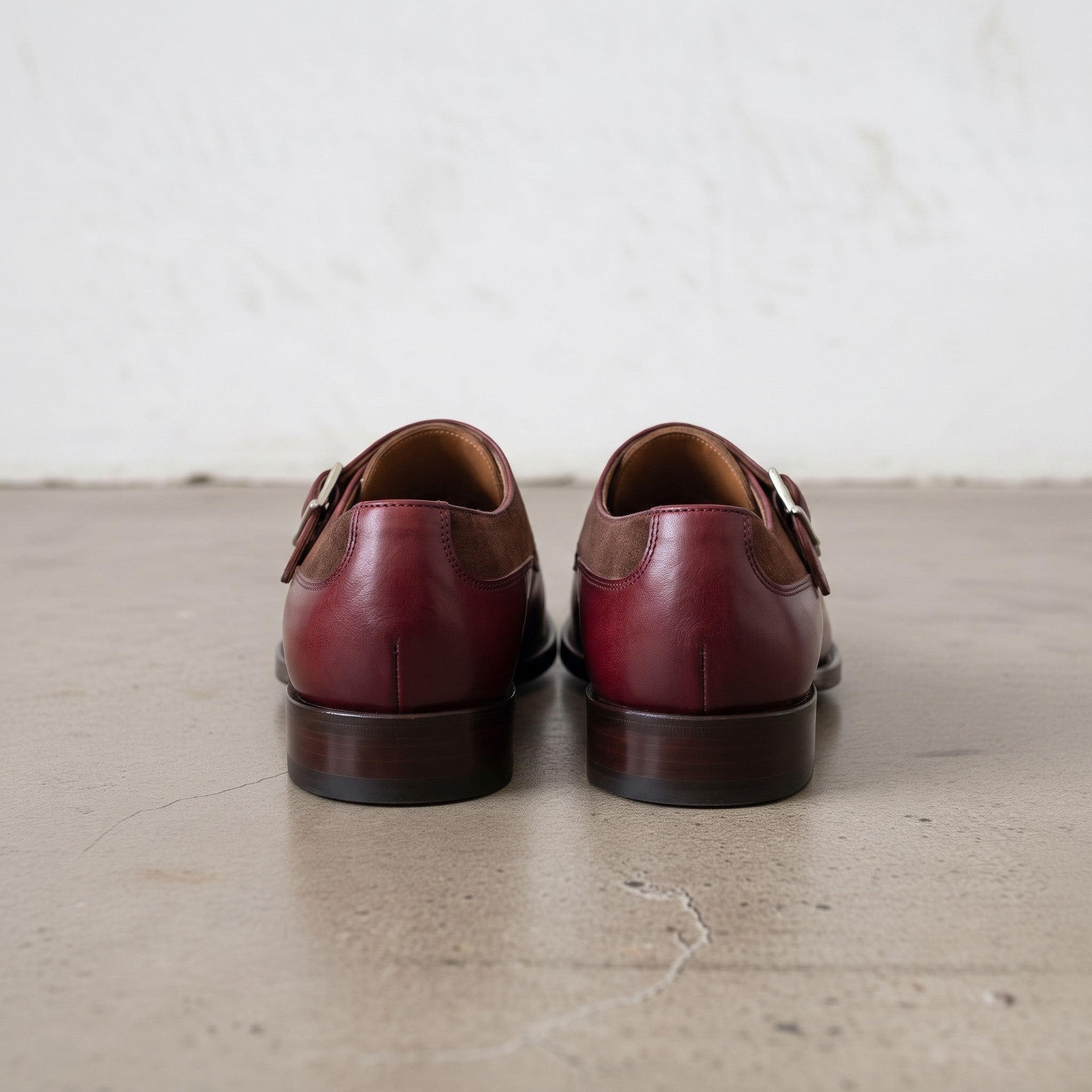 Men's Burgundy and Brown Leather Double Monk Strap Shoes — Farrant