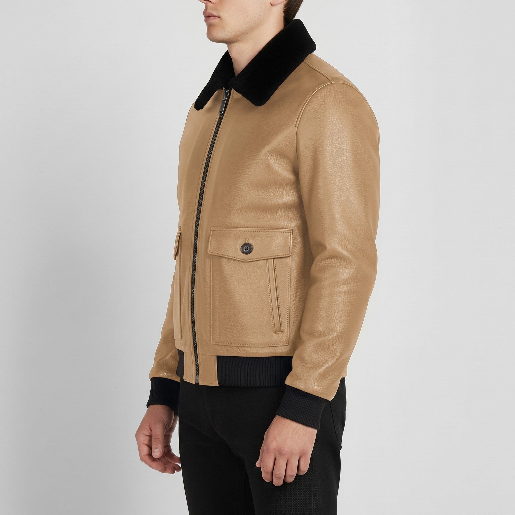 Men's Tan Shearling-Lined Leather Aviator Jacket — Bootham