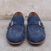Men's Navy Blue Suede Monk Strap Loafers — Abborfield