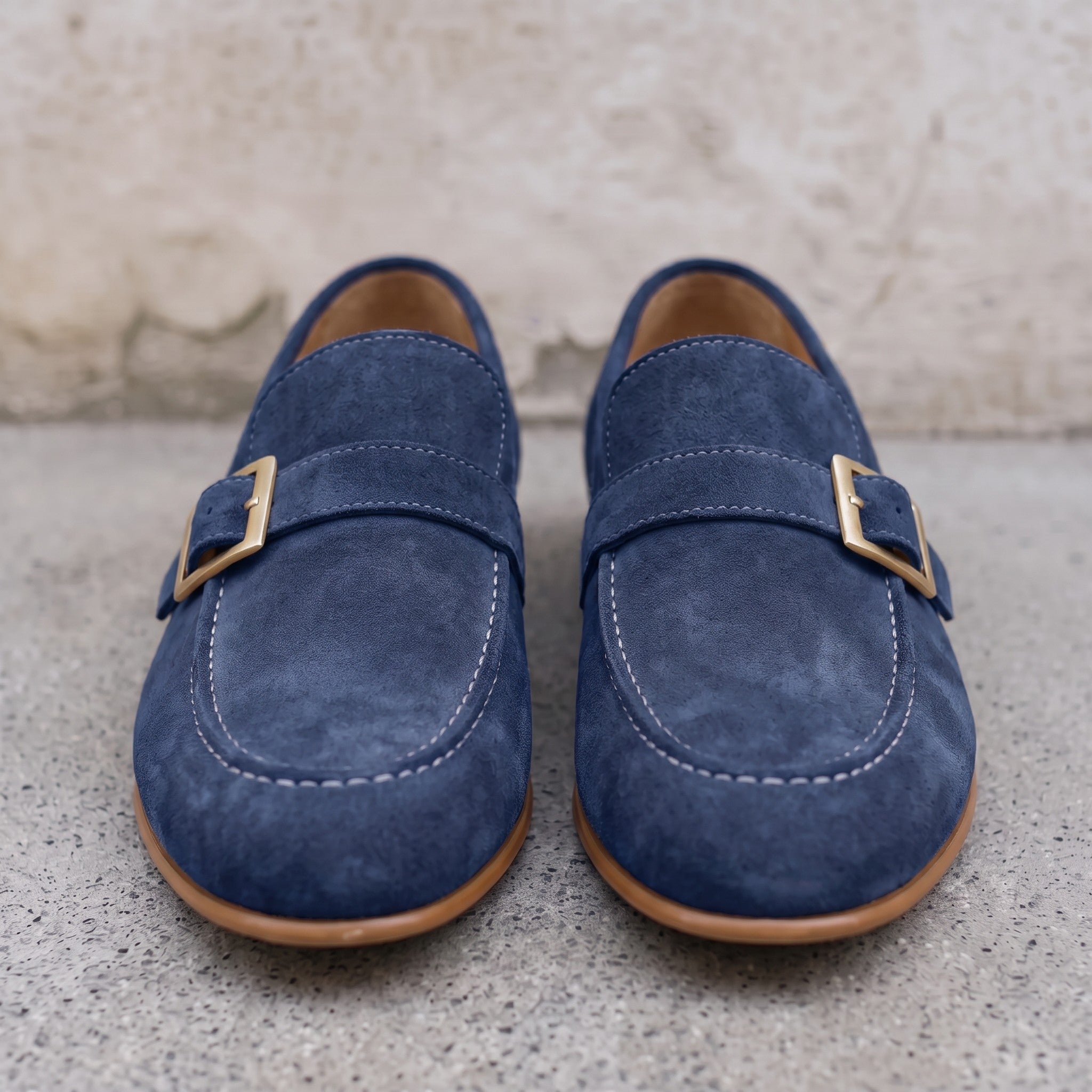 Men's Navy Blue Suede Monk Strap Loafers — Abborfield