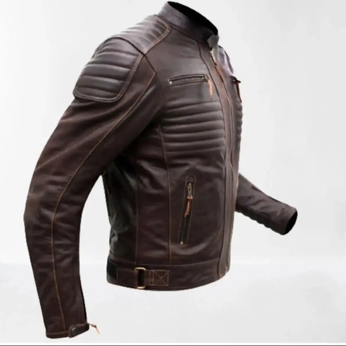 Men's Distressed Dark Brown Leather Cafe Racer Biker Jacket — Abburn