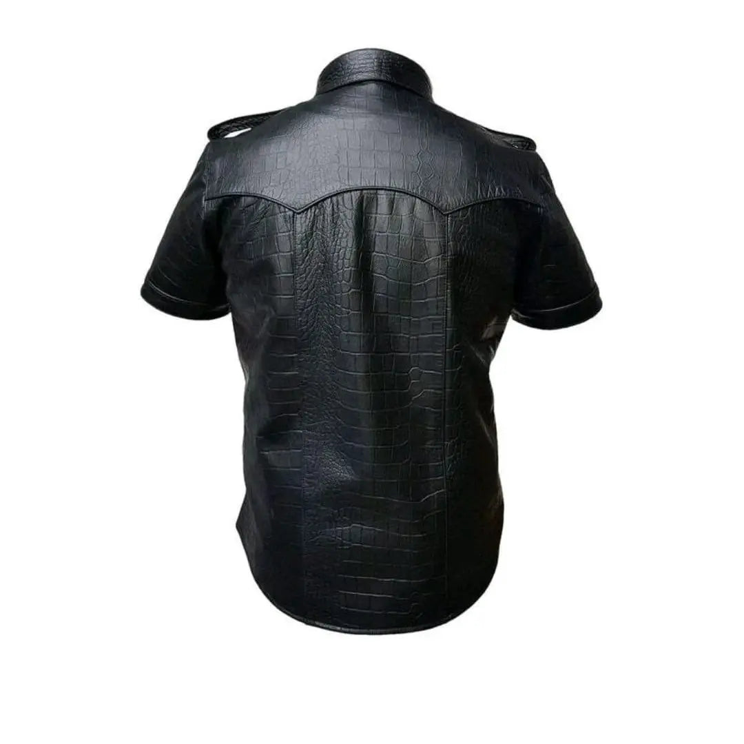 Men's Black Crocodile-Embossed Leather Short-Sleeve Shirt — Abbervale