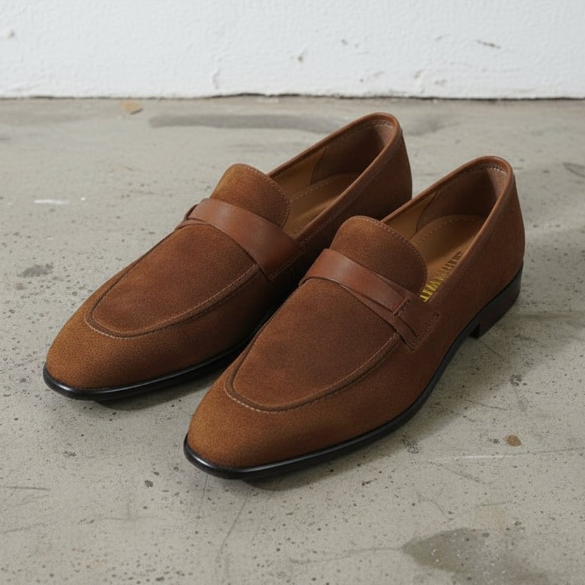 Brown and Tan Suede Apron-Toe Penny Loafers — Waltham — Waltham — Waltham