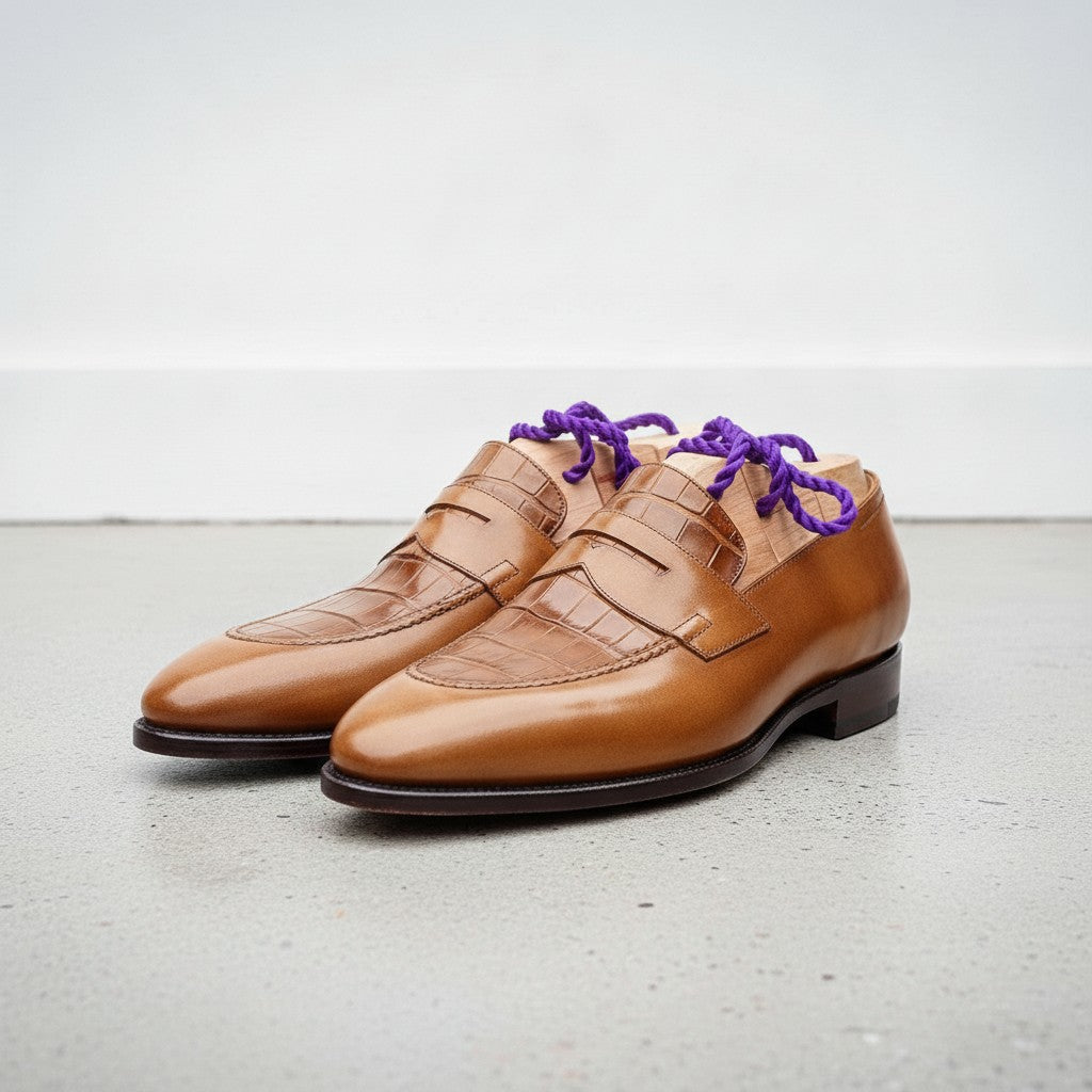 Men's Tan Crocodile-Embossed Leather Penny Loafers — Aitchison