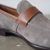 Light Gray and Tan Apron-Toe Suede Penny Loafers — Waltham