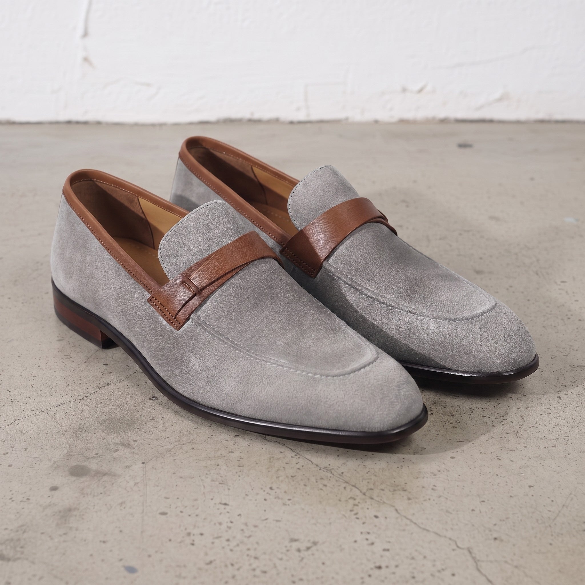 Light Gray and Tan Apron-Toe Suede Penny Loafers — Waltham