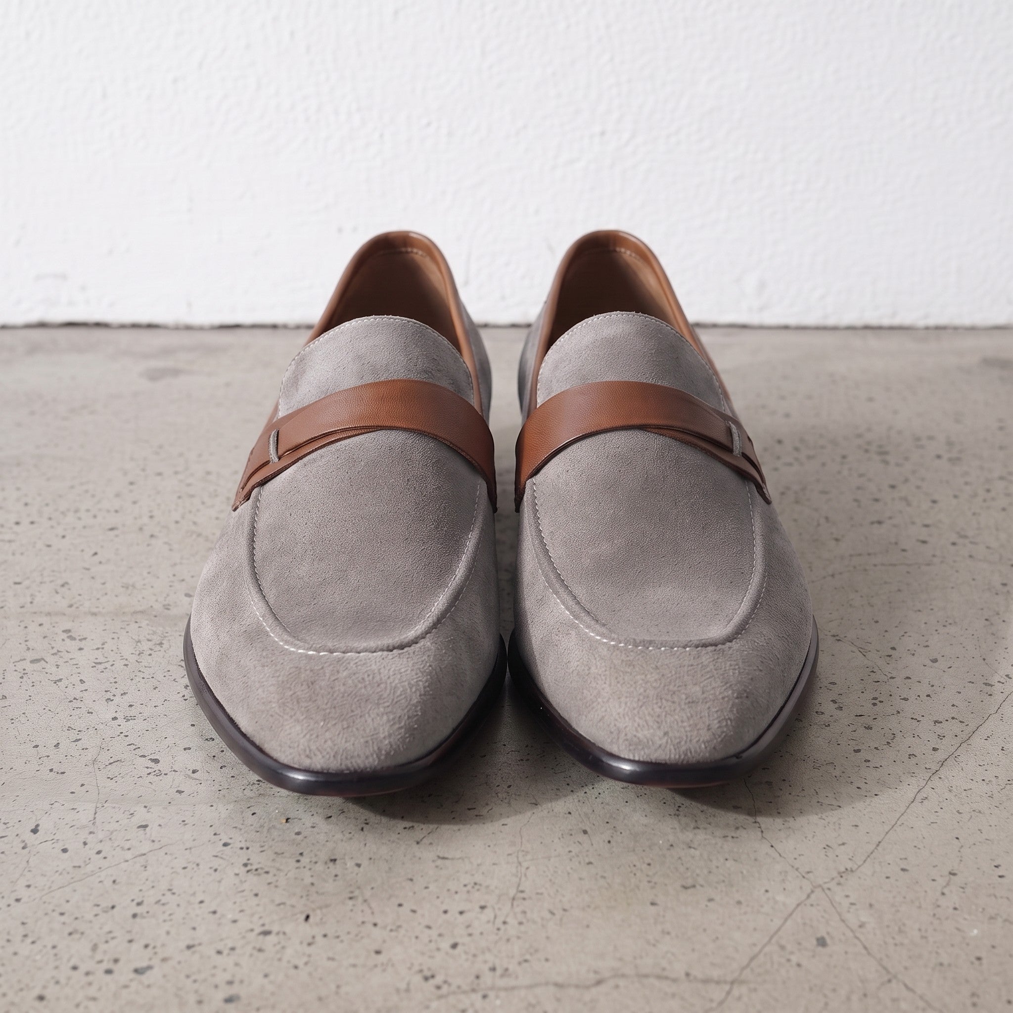 Light Gray and Tan Apron-Toe Suede Penny Loafers — Waltham