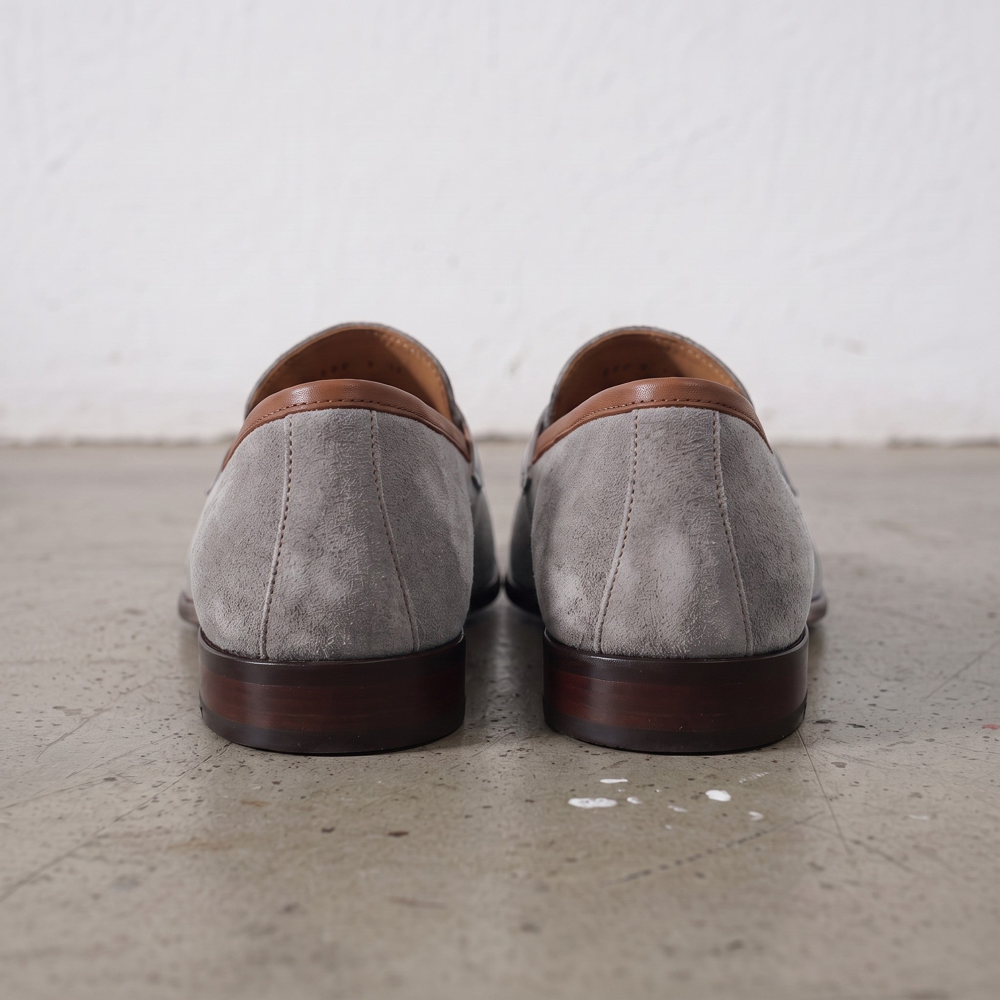 Light Gray and Tan Apron-Toe Suede Penny Loafers — Waltham