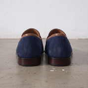 Navy Blue and Tan Apron-Toe Suede Penny Loafers — Waltham