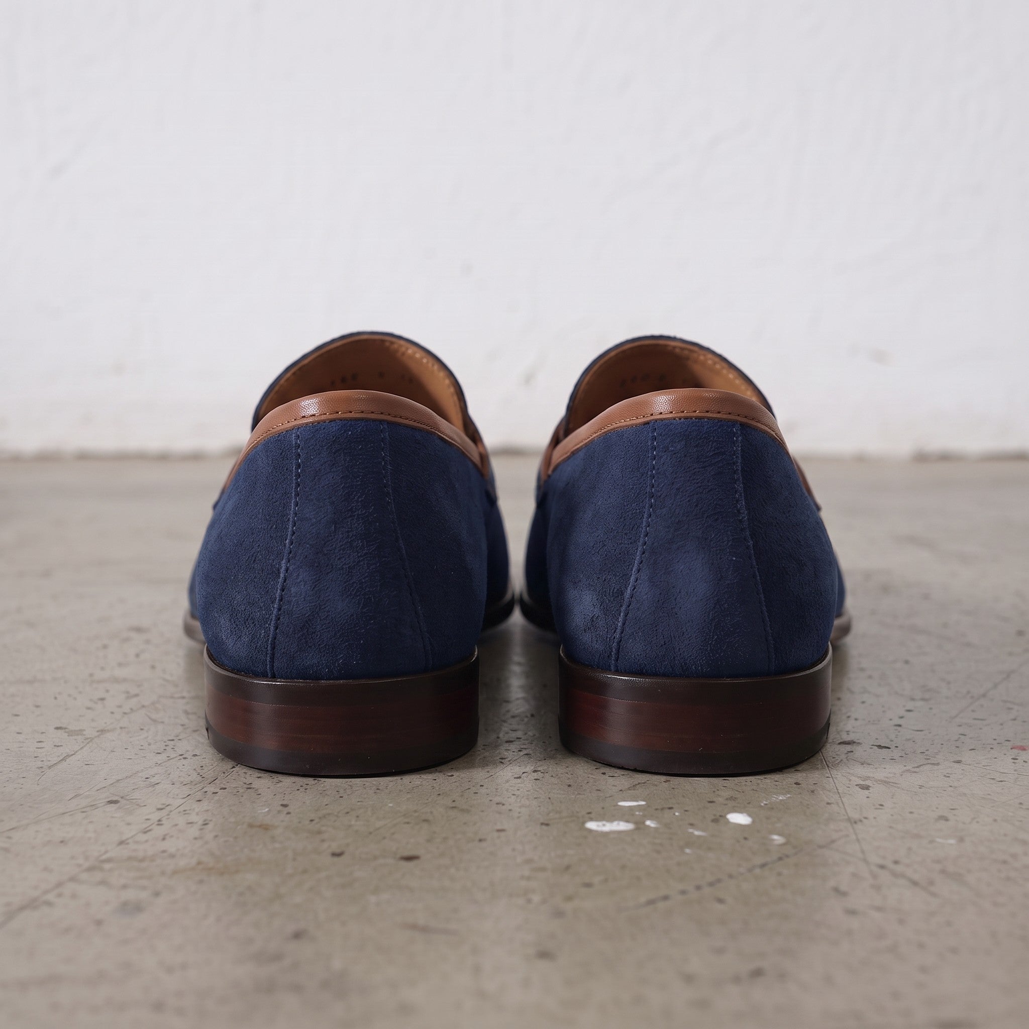 Navy Blue and Tan Apron-Toe Suede Penny Loafers — Waltham