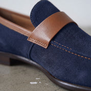 Navy Blue and Tan Apron-Toe Suede Penny Loafers — Waltham