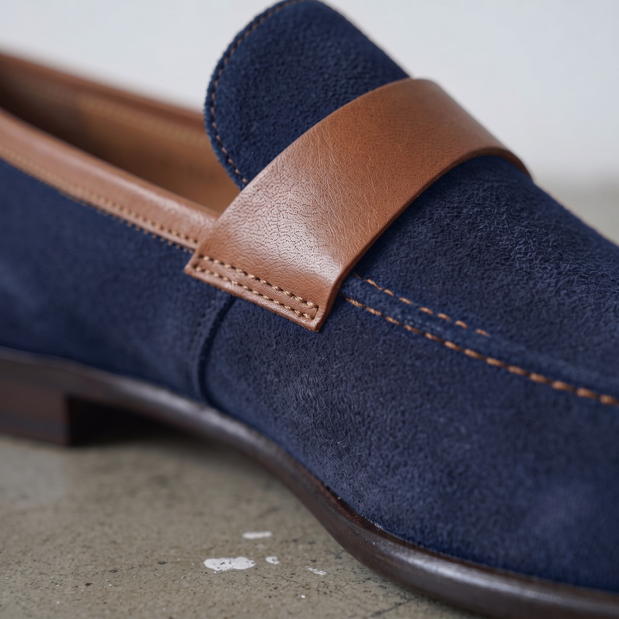 Navy Blue and Tan Apron-Toe Suede Penny Loafers — Waltham