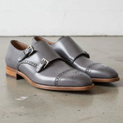 Men's Grey Cap-Toe Leather Double Monk Strap Monks — Hitchley