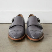 Men's Grey Cap-Toe Leather Double Monk Strap Monks — Hitchley