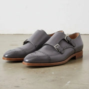 Men's Grey Cap-Toe Leather Double Monk Strap Monks — Hitchley