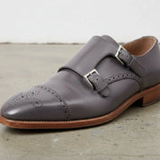 Men's Grey Cap-Toe Leather Double Monk Strap Monks — Hitchley
