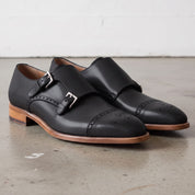 Men's Black Cap-Toe Leather Double Monk Strap Shoes — Hitchley