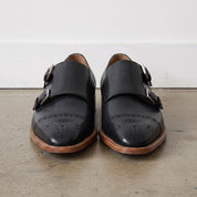 Men's Black Cap-Toe Leather Double Monk Strap Shoes — Hitchley