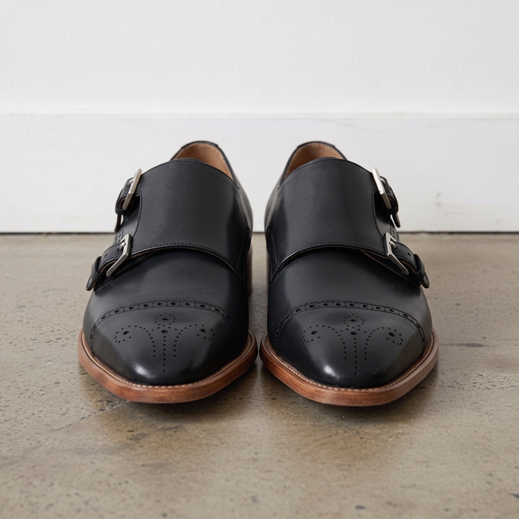 Men's Black Cap-Toe Leather Double Monk Strap Shoes — Hitchley