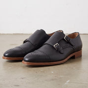 Men's Black Cap-Toe Leather Double Monk Strap Shoes — Hitchley
