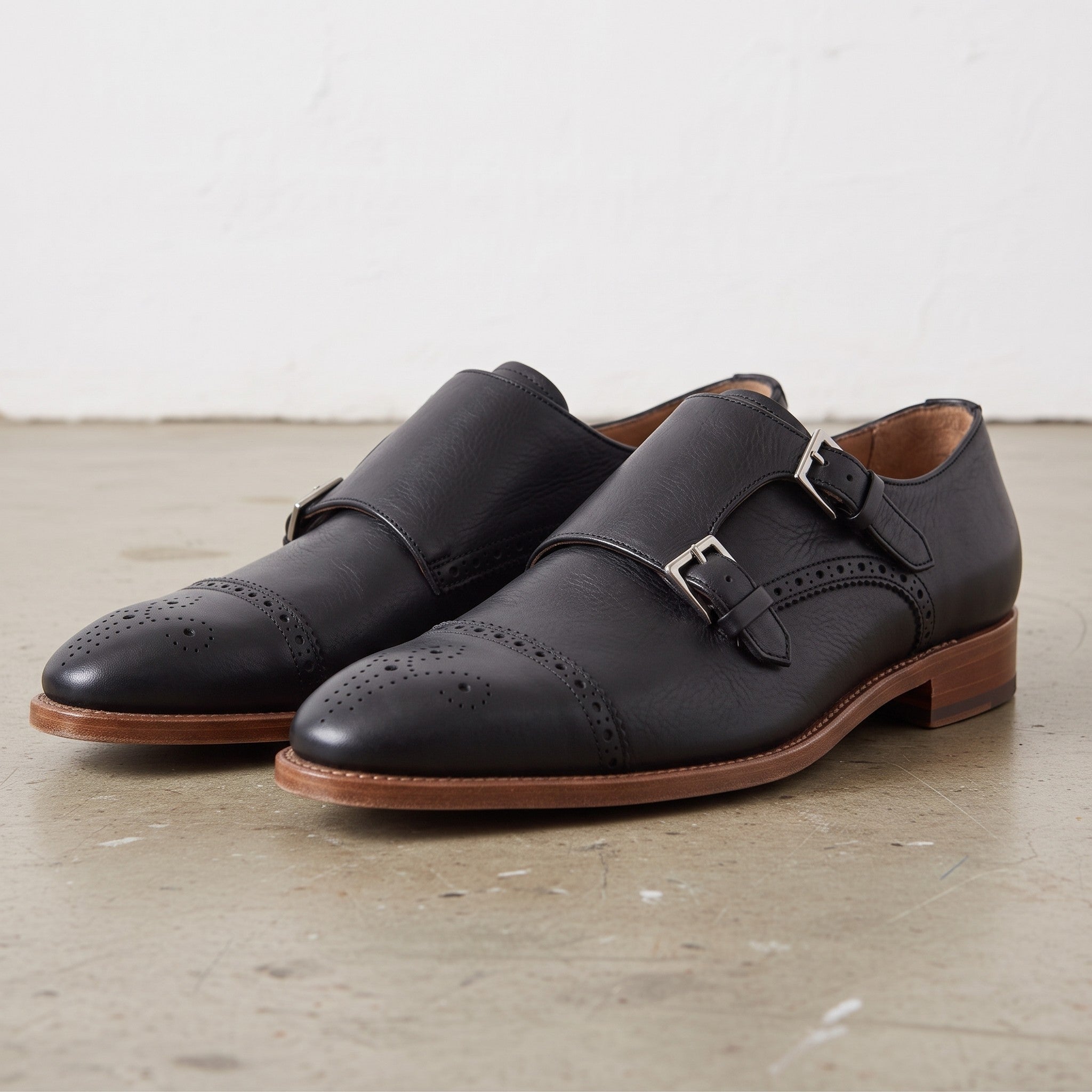 Men's Black Cap-Toe Leather Double Monk Strap Shoes — Hitchley