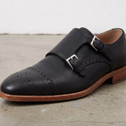 Men's Black Cap-Toe Leather Double Monk Strap Shoes — Hitchley
