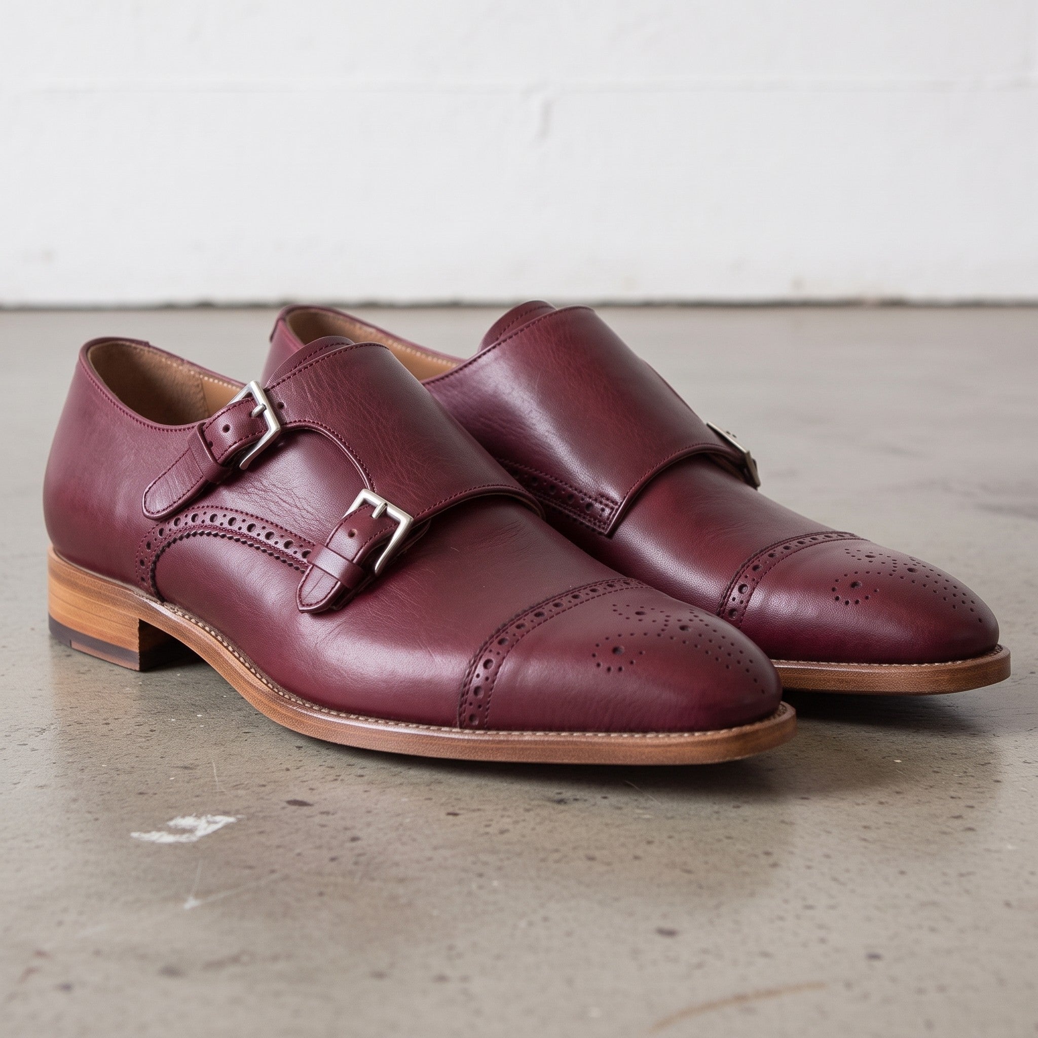 Men's Burgundy Cap-Toe Leather Double Monk Strap Shoes — Hitchley