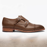 Men's Brown Cap-Toe Leather Double Monk Strap Shoes — Hitchley