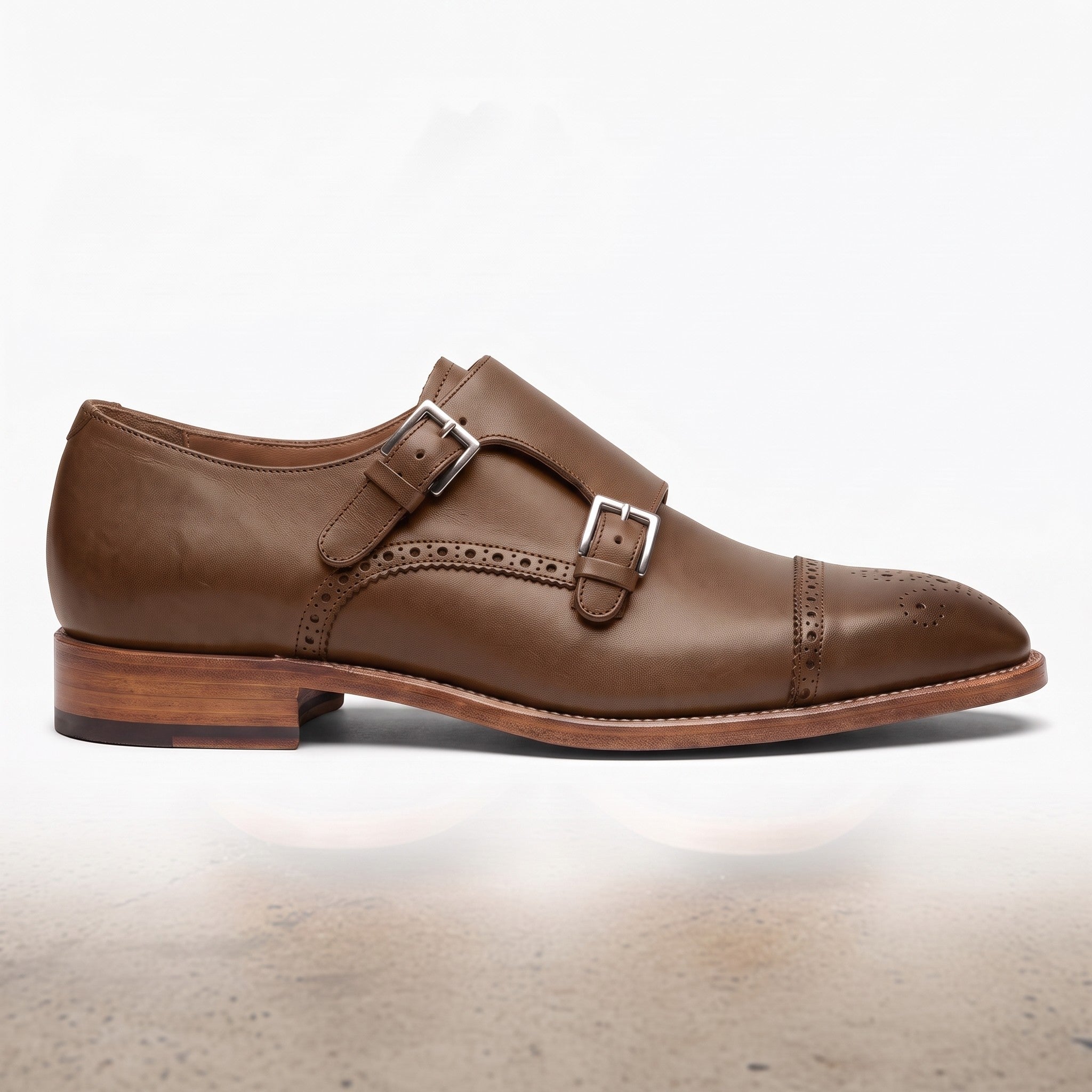 Men's Brown Cap-Toe Leather Double Monk Strap Shoes — Hitchley