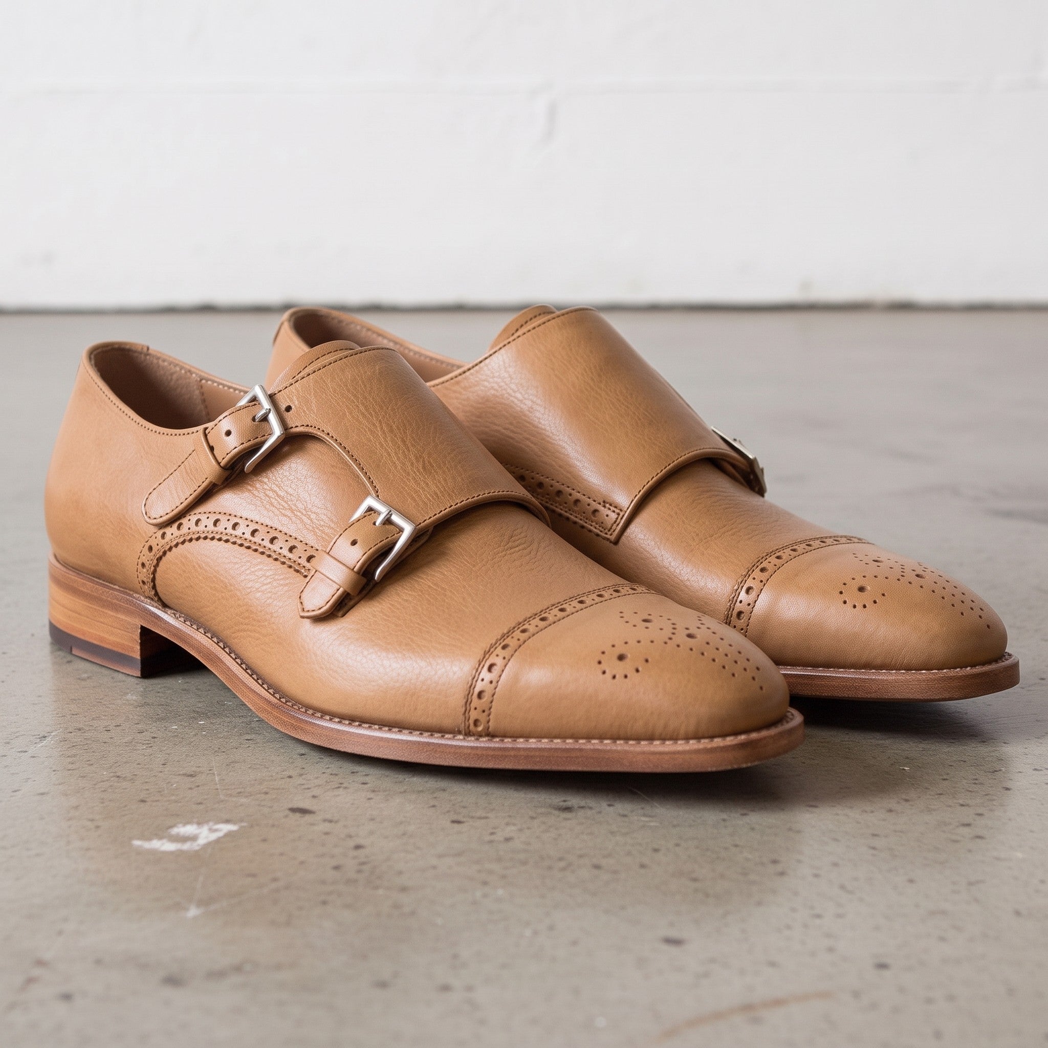 Men's Tan Cap-Toe Leather Double Monk Strap Shoes — Hitchley