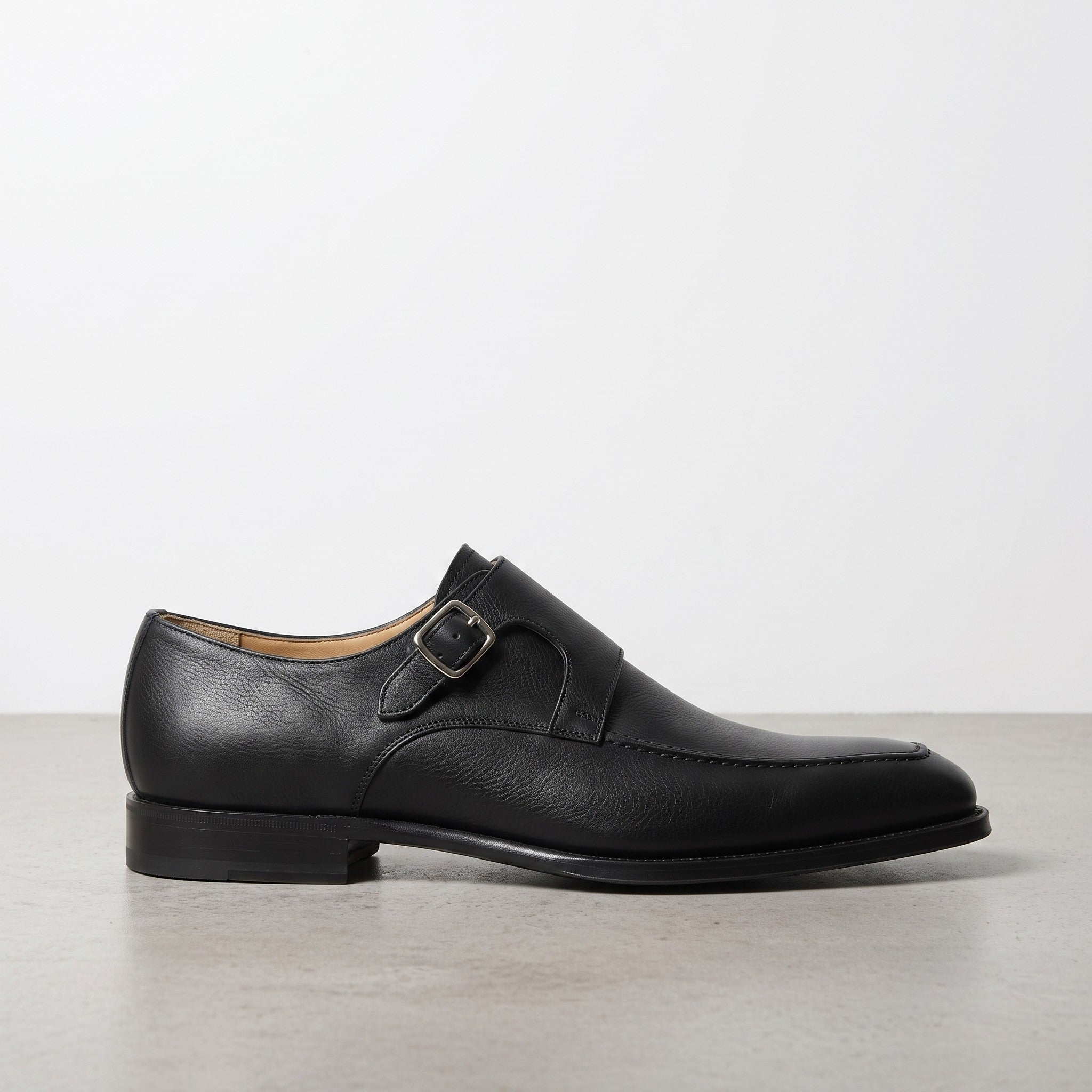 Men's Black Apron-Toe Leather Monk Strap Shoes — Weaver
