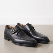 Men's Black Apron-Toe Leather Monk Strap Shoes — Weaver