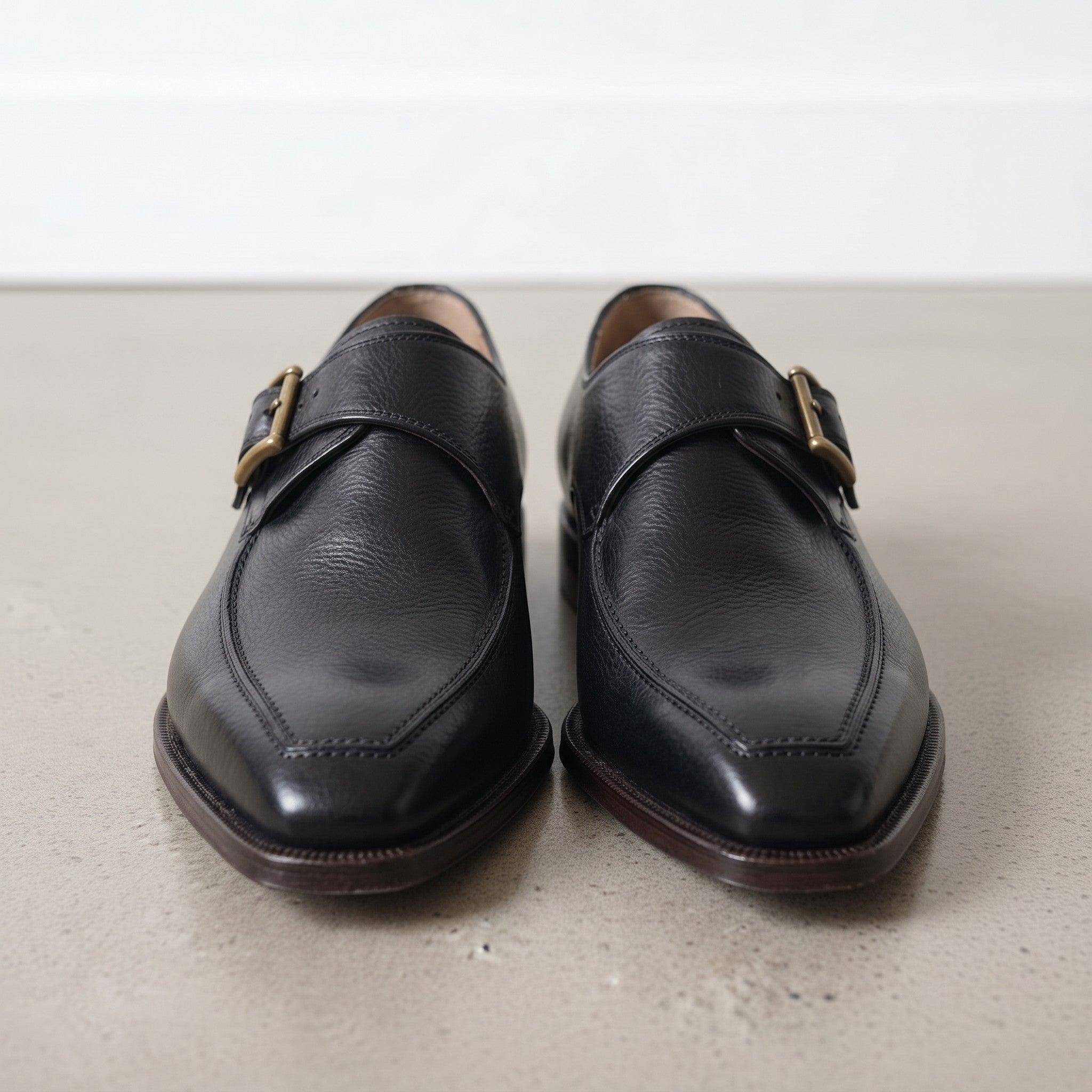 Men's Black Apron-Toe Leather Monk Strap Shoes — Weaver
