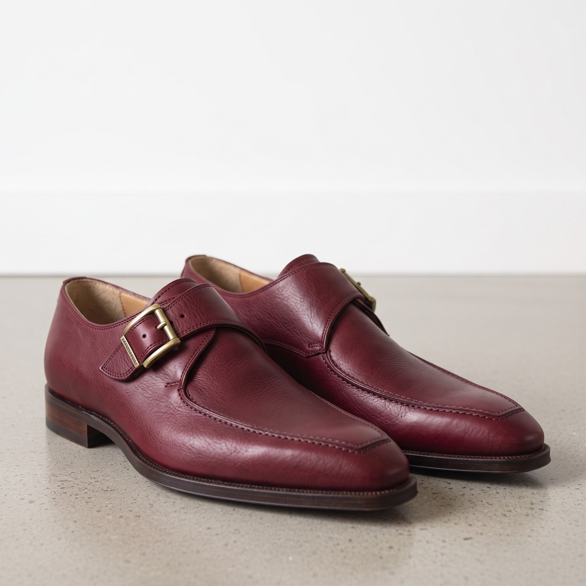 Men's Burgundy Apron-Toe Leather Monk Strap Shoes — Weaver — Weaver