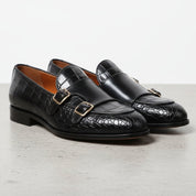 Men's Black Alligator-Embossed Leather Double Monk Strap Shoes — Austin — Austin