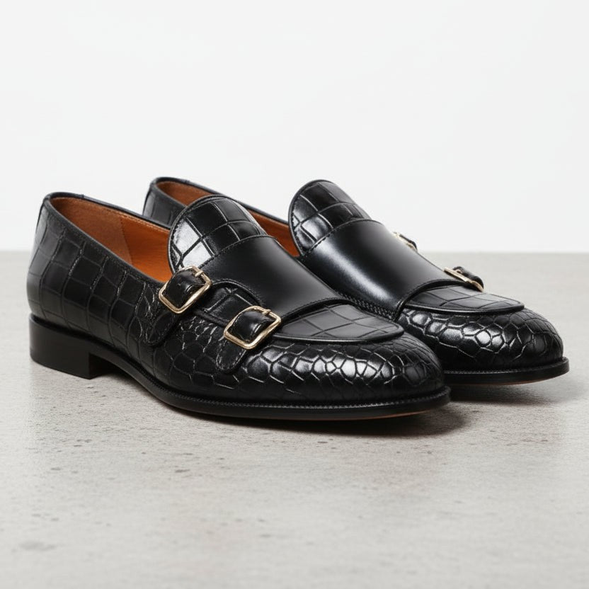 Men's Black Alligator-Embossed Leather Double Monk Strap Shoes — Austin — Austin