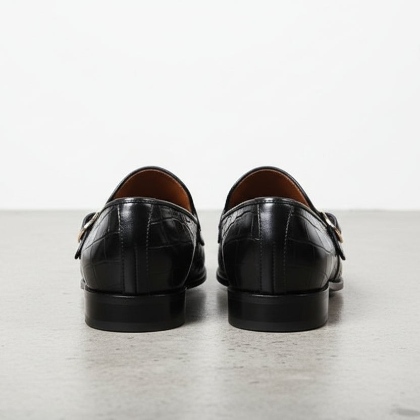 Men's Black Alligator-Embossed Leather Double Monk Strap Shoes — Austin — Austin