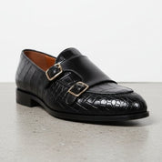 Men's Black Alligator-Embossed Leather Double Monk Strap Shoes — Austin — Austin