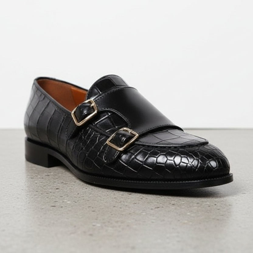 Men's Black Alligator-Embossed Leather Double Monk Strap Shoes — Austin — Austin