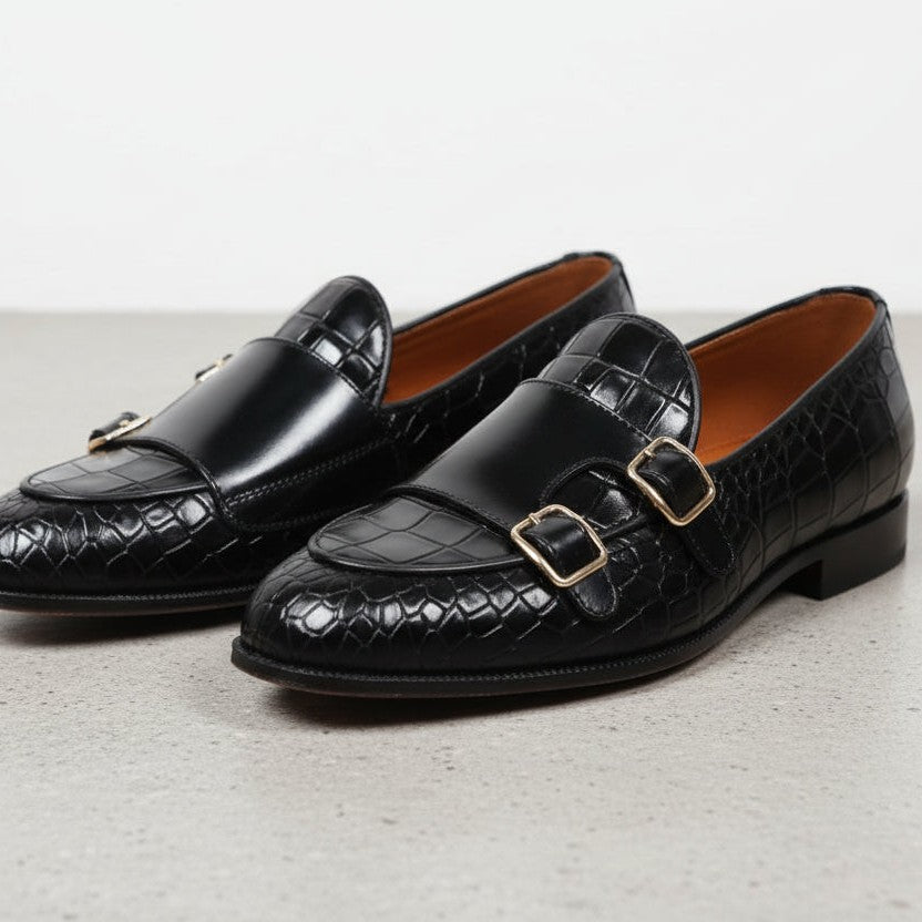 Men's Black Alligator-Embossed Leather Double Monk Strap Shoes — Austin — Austin