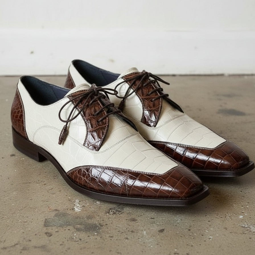 Men's Brown and Off-White Cap-Toe Crocodile-Embossed Leather Spectator Derby Shoes — Birkdale — Birkdale